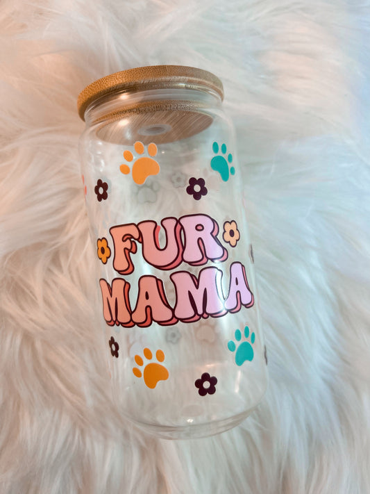 16oz Fur Mama Glass Tumbler with Bamboo Lid - Pet Lover Gift