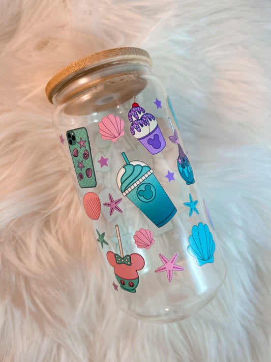 Magical Vacation Glass Can with Bamboo Lid and Straw, Pastel Theme Park Iced Coffee Cup, 16oz Soda Can Glass, Cute Summer Gift for Her