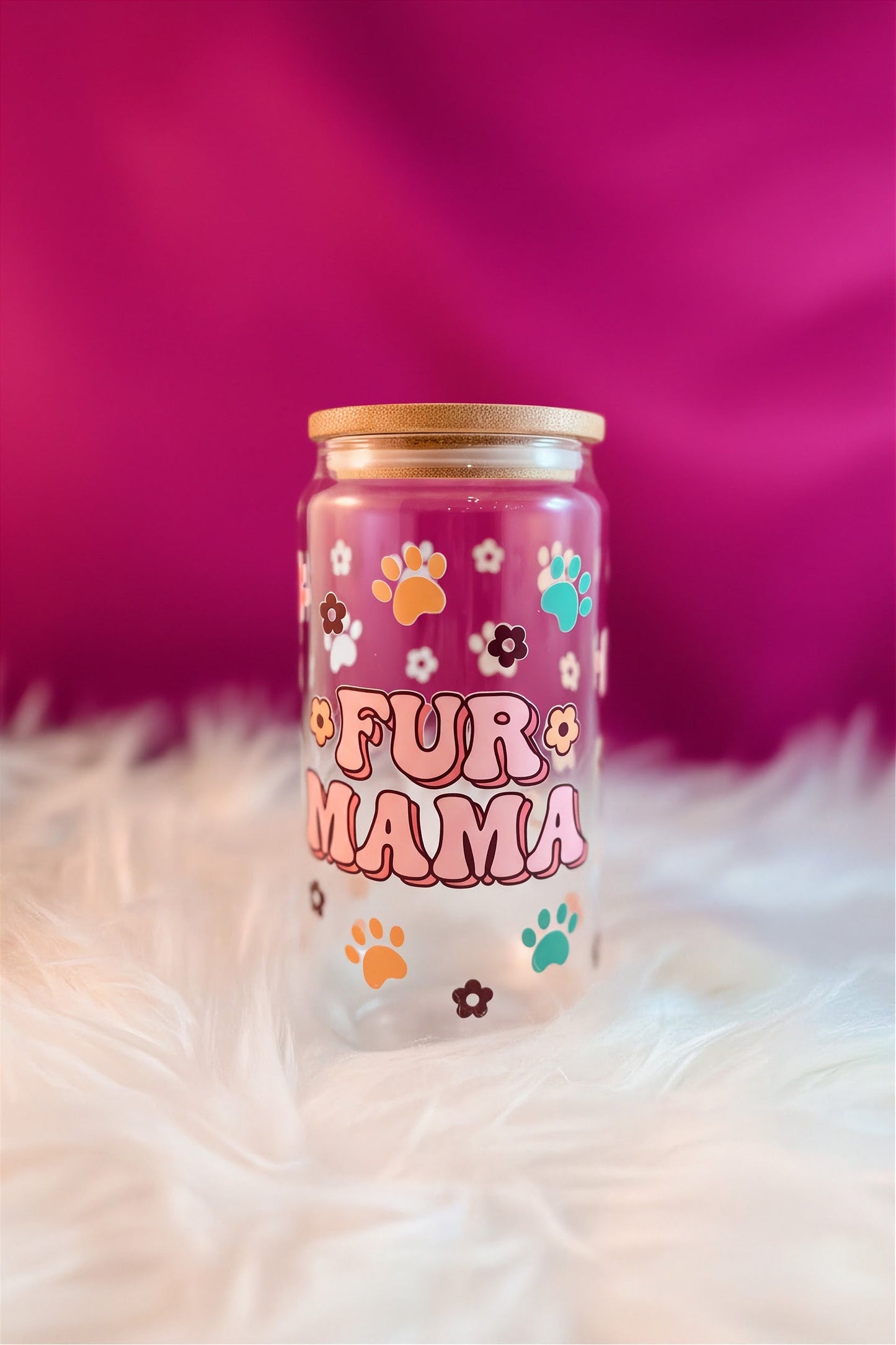 16oz Fur Mama Glass Tumbler with Bamboo Lid - Pet Lover Gift