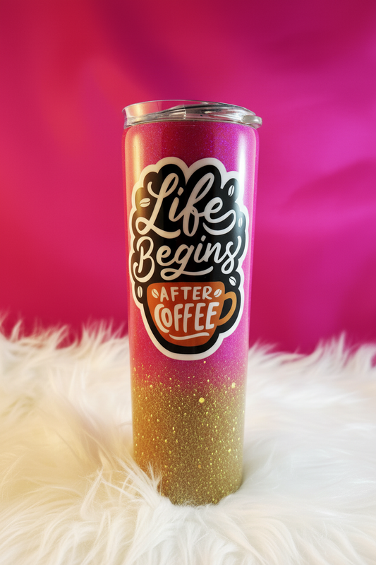 Life Begins After Coffee Tumbler - Hot Pink Background
