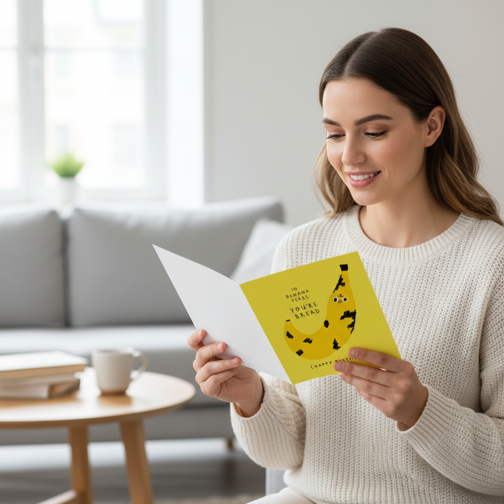 Woman reading Banana Bread card