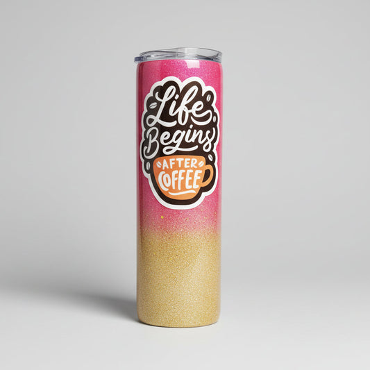 Tumbler with pink top and gold bottom, featuring a design that reads 'Life Begins After Coffee'.