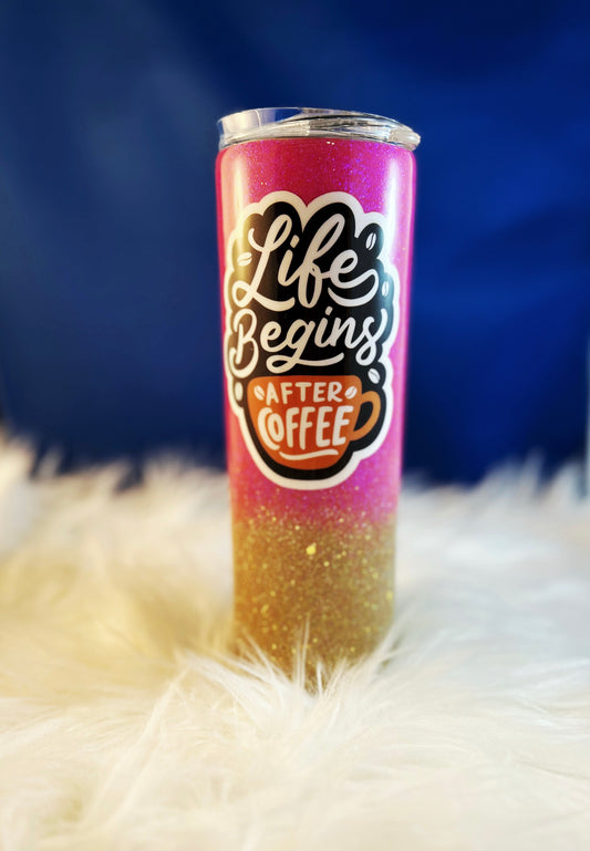 20oz "Life Begins After Coffee" Glitter Epoxy Tumbler - Pink & Gold
