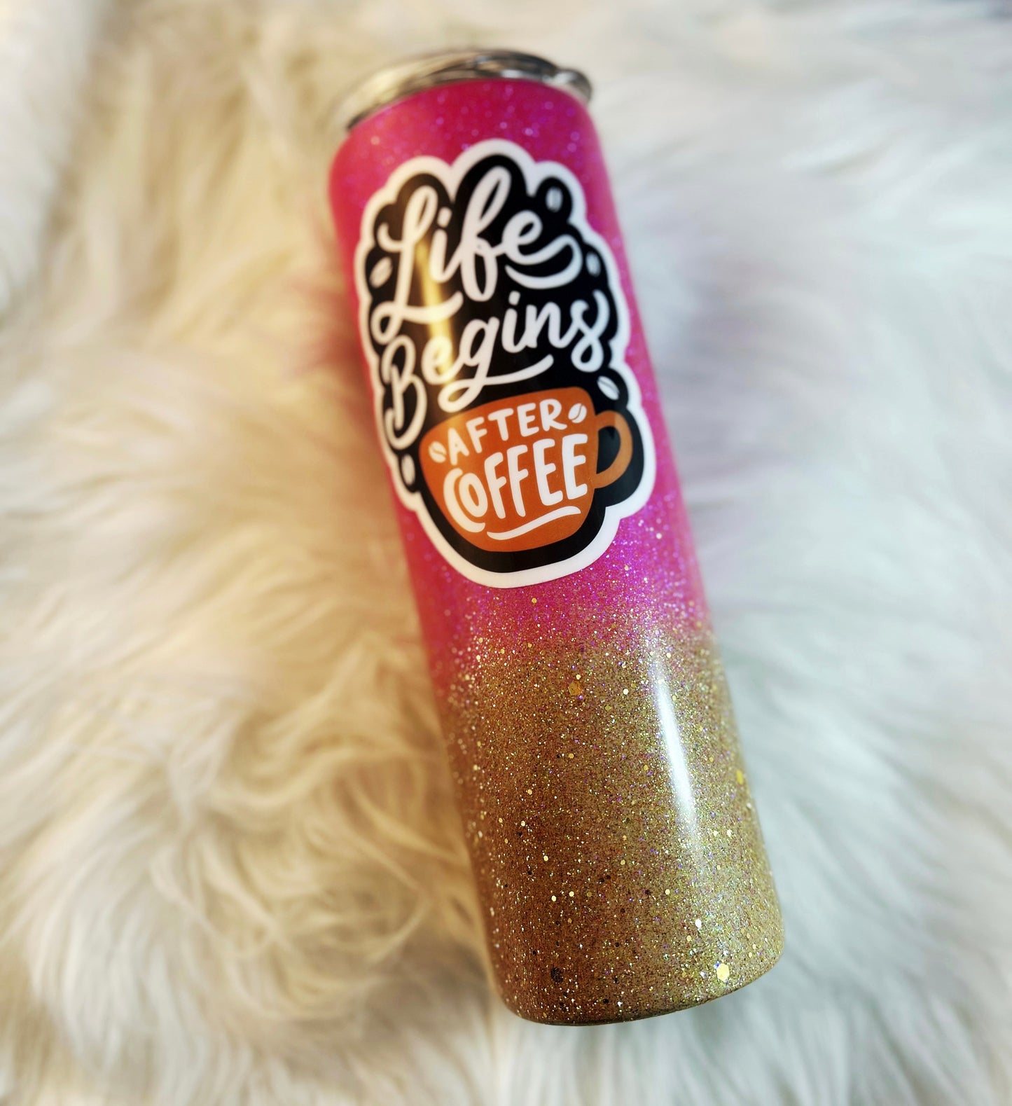 20oz "Life Begins After Coffee" Glitter Epoxy Tumbler - Pink & Gold