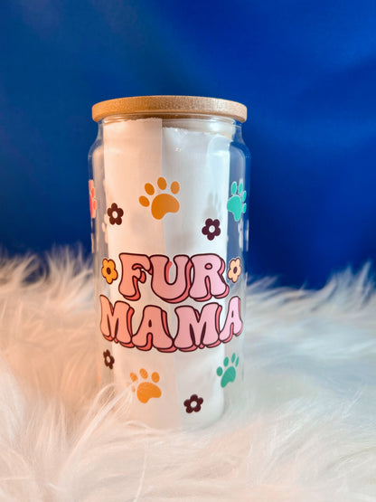 16oz Fur Mama Glass Tumbler with Bamboo Lid - Pet Lover Gift