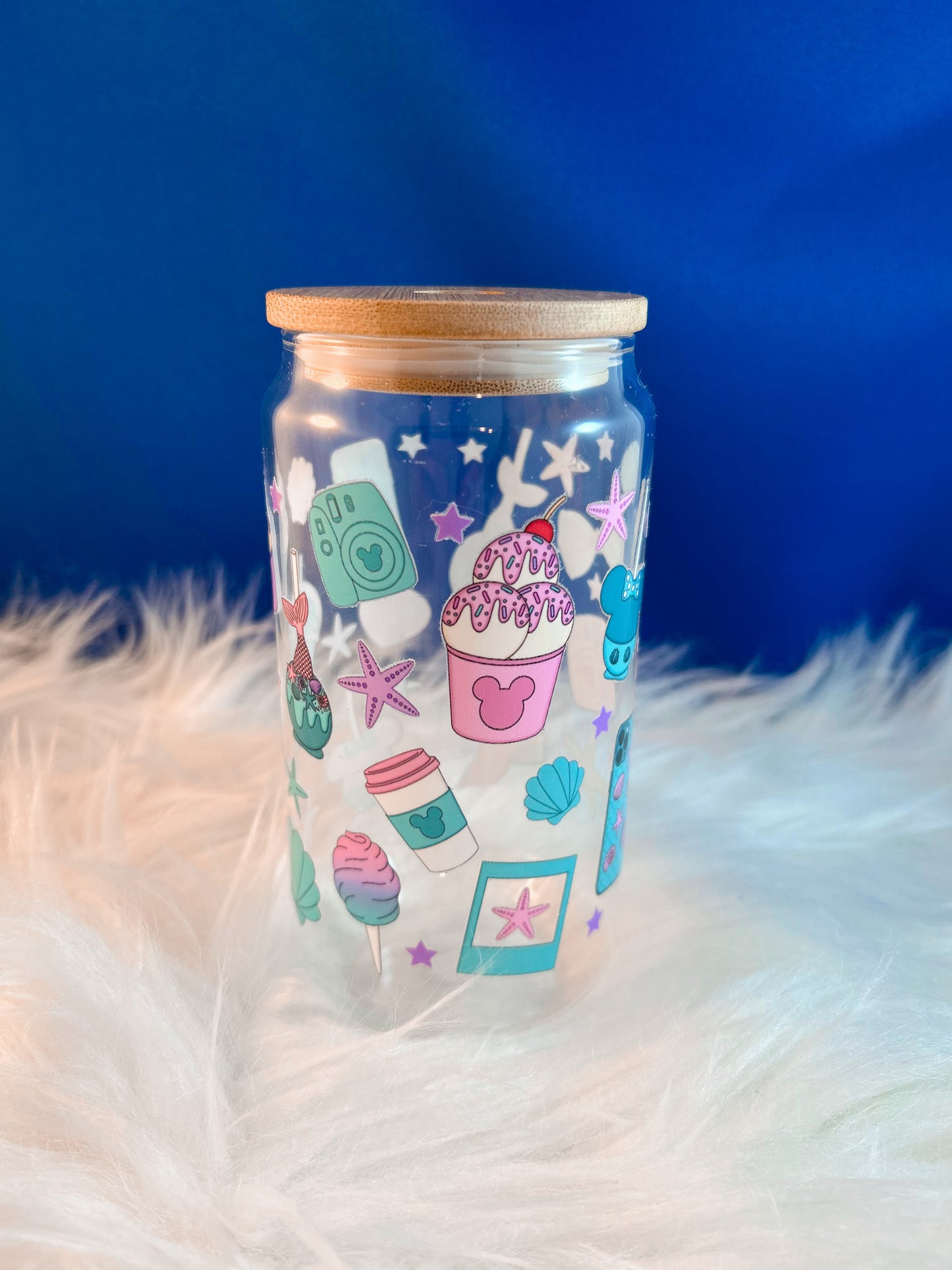 Magical Vacation Glass Can with Bamboo Lid and Straw, Pastel Theme Park Iced Coffee Cup, 16oz Soda Can Glass, Cute Summer Gift for Her