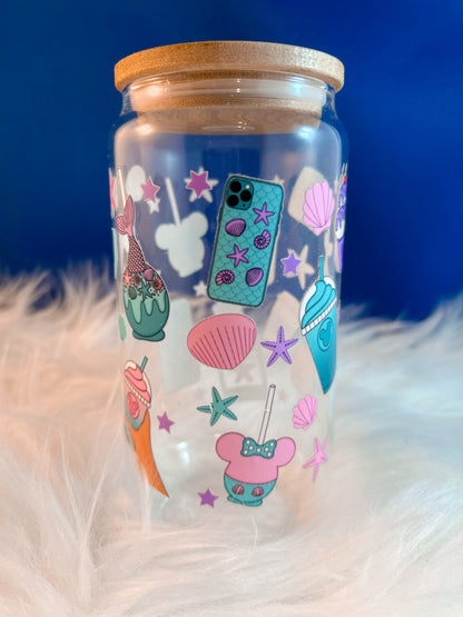 Magical Vacation Glass Can with Bamboo Lid and Straw, Pastel Theme Park Iced Coffee Cup, 16oz Soda Can Glass, Cute Summer Gift for Her