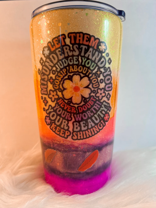 20oz handmade epoxy tumbler with yellow to pink ombre glitter, retro 70s flower style quote decal, and autumn leaf details.