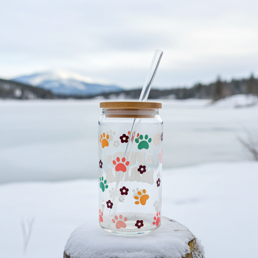 16oz Fur Mama Glass Tumbler with Bamboo Lid - Pet Lover Gift