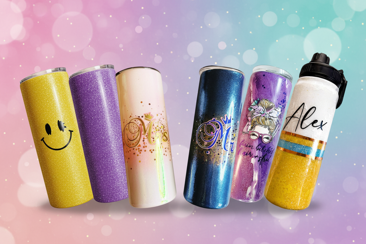 Custom tumbler banner with paired Mr and Mrs tumblers