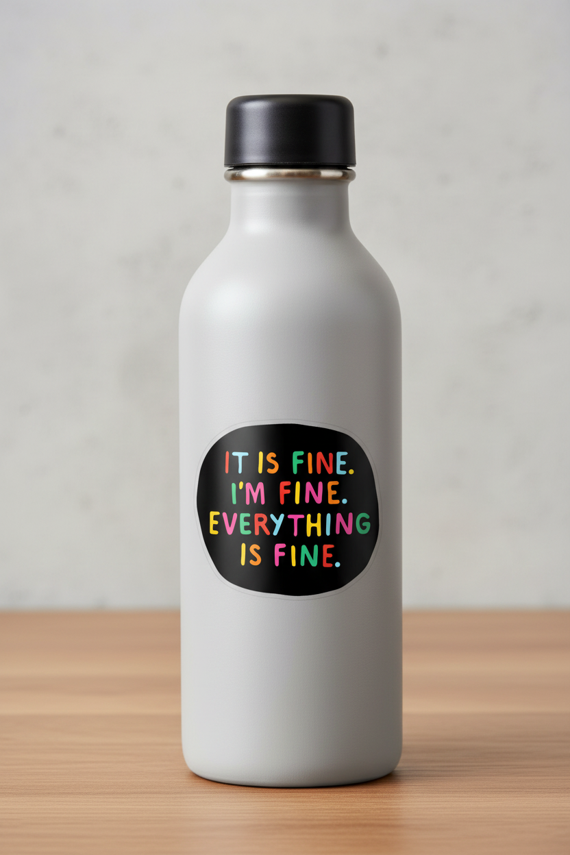 Everything is Fine sticker on water bottle