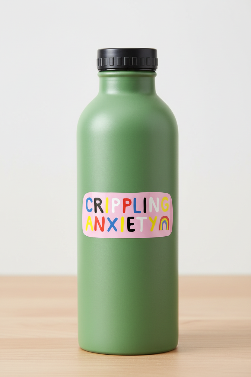 Crippling Anxiety sticker on colorful water bottle