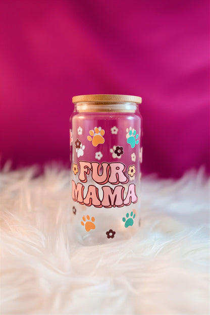 16oz Fur Mama Glass Tumbler with Bamboo Lid - Pet Lover Gift