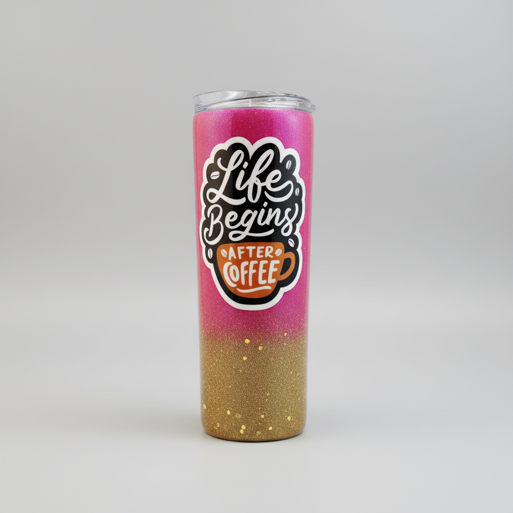 Life Begins After Coffee Glitter Tumbler - Square Format