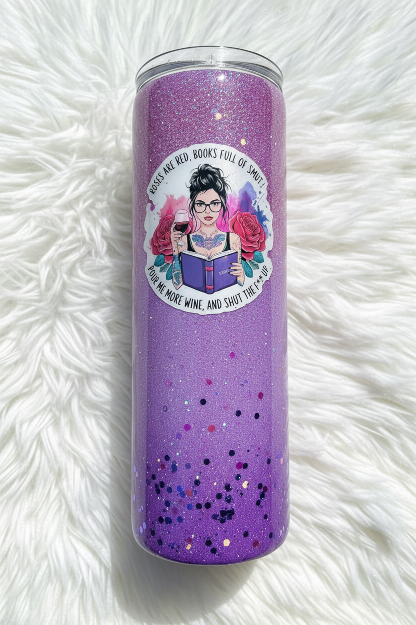 Pour Me More Wine tumbler portrait with feathery background